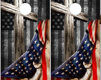 Wooden Cross Flag Pull Cornhole Wrap Bag Toss Decal  Skin Sticker Wraps Laminated or Non Laminated