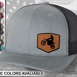 Dirt Bike Laser Engraved Leather Patch   Snapback Trucker Hat, Custom, Personalized Hat