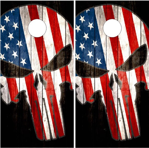 Punisher with USA US flag Cornhole Board Game Decal VINYL WRAPS with LAMINATED 