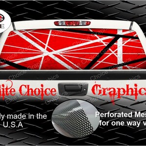 May include: A white pickup truck with a red, white, and black graphic on the rear window. The graphic is a geometric pattern of lines and shapes. The text "Elite Choice Graphics" is printed in red on the truck's tailgate. The text "Proudly made in the U.S.A." is printed below the graphic. A close-up of a perforated mesh film is shown in the lower right corner of the image. The text "Perforated Mesh Film for one way vision!" is printed below the film.