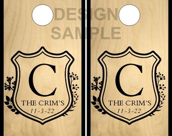 Nom de famille, bouclier, écusson, cornhole, bois, enveloppe, sac, lancer, autocollant, peau, autocollant, enveloppe, plastifié, ou, non, plastifié