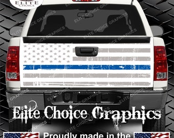 White Distressed Thin Blue Line Flag Truck Tailgate Wrap Vinyl Graphic Decal Sticker Wrap