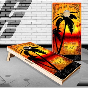 Beach Palm Tree Sunset Cornhole Boards Bag Toss  Game With Bags
