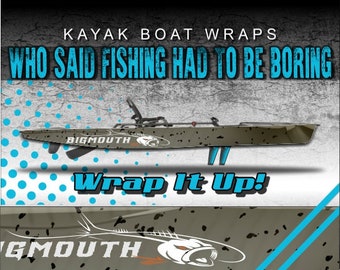 May include: A green and black kayak wrap with a fish graphic and the text "BIGMOUTH" and "Wrap It Up!"  The wrap is designed to add a unique and personalized look to a kayak.