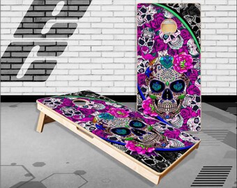 Jeu de lancer de sacs en forme de cornhole rose Sugar Skull avec des sacs