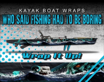 May include: Kayak boat wrap design featuring a kraken with a ship in its tentacles. The design is on a black background with blue and green accents. The text "Wrap It Up!" is in white letters on a blue background.