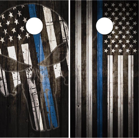 Police Thin Blue Line Flag Cornhole Wrap Bag Toss Skin Decal Sticker