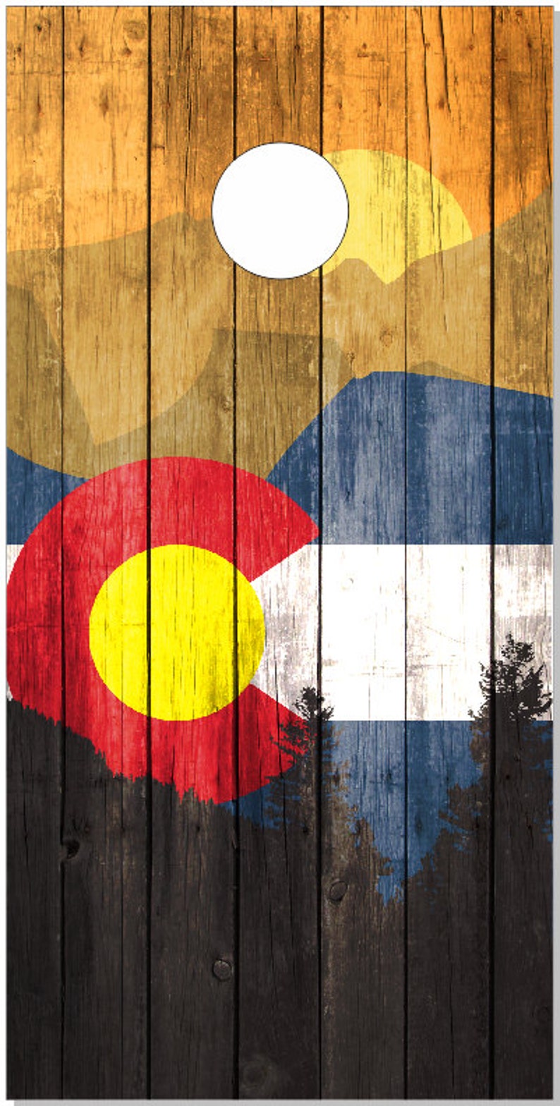 Colorado Flag Mountains Cornhole Wrap Bag Toss Decal Baggo Skin Sticker Wraps Laminated or Non Laminated image 1