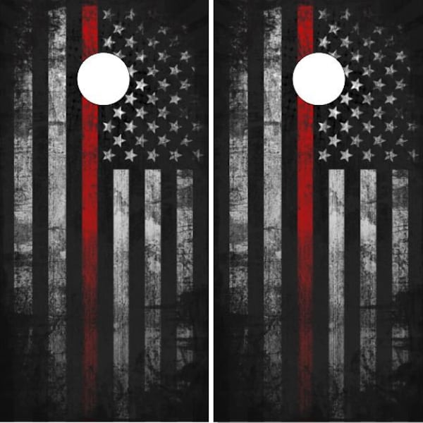 Firefighter Distressed Red Line Flag Cornhole Wrap Bag Toss Decal Baggo Skin Sticker Wraps Laminated or Non Laminated