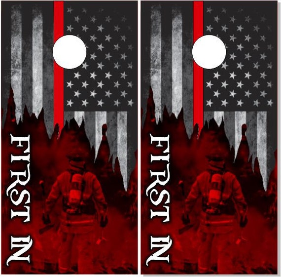 Firefighter Red Line Flag LAMINATED Cornhole Wraps Bag Toss Skin Decal 
