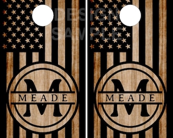 Family Name Burnt Wood Cornhole Wrap Bag Toss Decal Baggo Skin Sticker Wraps Laminated or Non Laminated