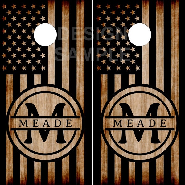 Family Name Burnt Wood Cornhole Wrap Bag Toss Decal Baggo Skin Sticker Wraps Laminated or Non Laminated