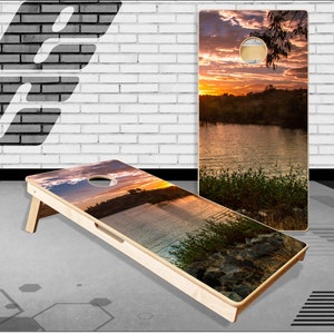 Lake Sunset Cornhole Boards Bag Toss  Game With Bags