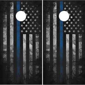 Police Blue Line Diamond Plate American Flag Cornhole Board Decal Wrap Wraps 