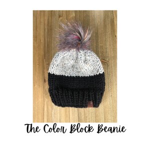 Color block Knitted Beanie with Multi-Color Pom