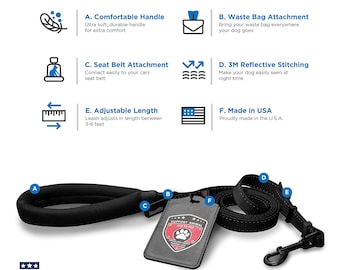 Emotional Support Animal Leash with Detachable Id Card Holder PLUS Seat Belt Clip