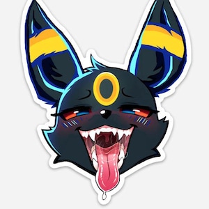 May include: A sticker featuring a cartoon Umbreon character with a suggestive expression. The character has black fur, large ears with yellow stripes, and a gold ring on its forehead. Its mouth is open, revealing a pink tongue.