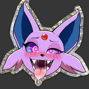 May include: A holographic sticker featuring a cartoon character with purple fur, blue ears, and a red gem on its forehead. The character has pink cheeks, heart-shaped pupils, and a long tongue. The sticker has a silver, glittery border.