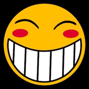 May include: A yellow smiley face with a wide, toothy grin and red cheeks. The face is outlined in black and has a large, white smile with many teeth.