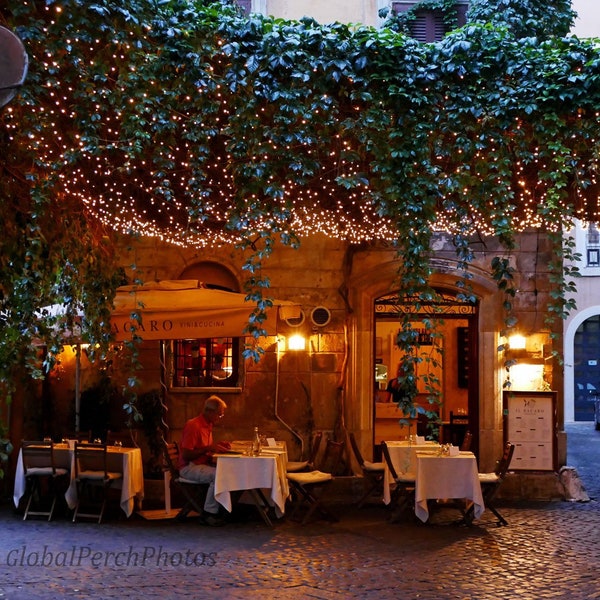 Sidewalk Cafe in Rome. Roman Cafe. Italian Atmosphere.  Quaint Dining.  Cobblestones.