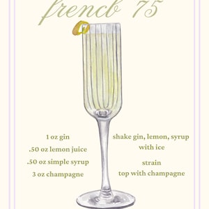 French 75 Cocktail | Cocktail Recipe Print | Bar Cart Décor Poster | Party Signature Drink Sign | Trendy Wall | Trendy, Unique