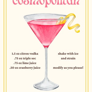 Kosmopolitische afdrukken | Cocktailrecept afdrukken | Bar kar decor poster | Party handtekening drankje teken | Trendy muur | Trendy, uniek