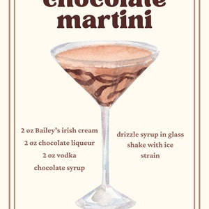 May include: A watercolor illustration of a chocolate martini cocktail recipe. The recipe includes 2 ounces of Bailey's Irish cream, 2 ounces of chocolate liqueur, 2 ounces of vodka, and chocolate syrup. The instructions are to drizzle the syrup in the glass, shake with ice, and strain. The text "enjoy!" is written at the bottom of the image.