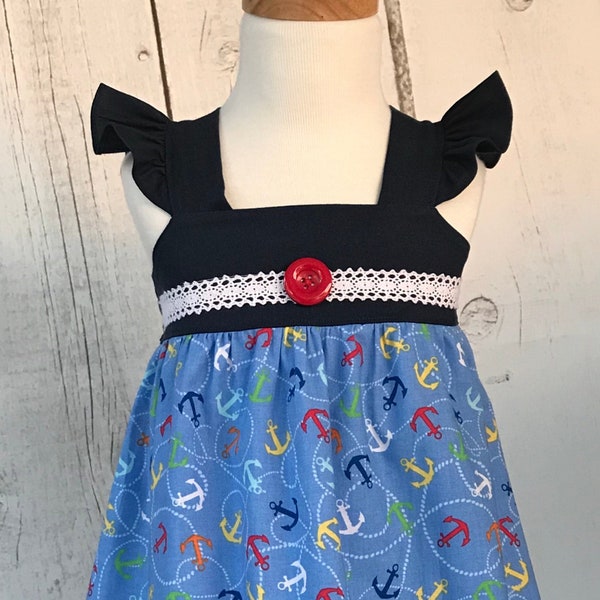 Nautical Marine Sailor Baby Dress, Sailing Dress, Baby Girls Dress, Little Girls Dress, Toddler Dress, Boat Dress, Flutter Sleeve Dress