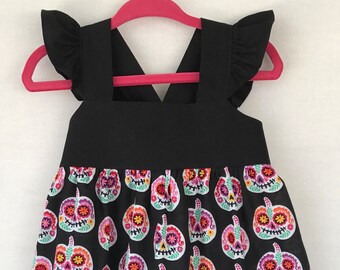 Halloween Baby Dress, Pumpkin Dress, Sugar Skull Baby Dress, Embroider Little Girls Dress, Baby Girls Dress, Flutter Sleeve Dress