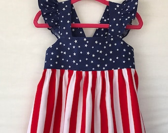 Flag Baby Dress, Military Ceremony, Patriotic Baby Dress, 4th July Dress, Baby Girls Dress, Little Girls Dress, Flutter Sleeve Dress