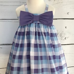 Buffalo Plaid Baby Girls Dress, Purple, Blue & White Buffalo Plaid, Little Girl Dress, Toddler Dress, Party Dress, Big Bow Dress