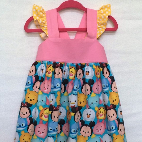 Tsum Tsum Dress, Disney Dress, Embroider Baby Girl Dress, Little Girls Dress, Tsum Tsum Party Dress, Flutter Sleeve Dress