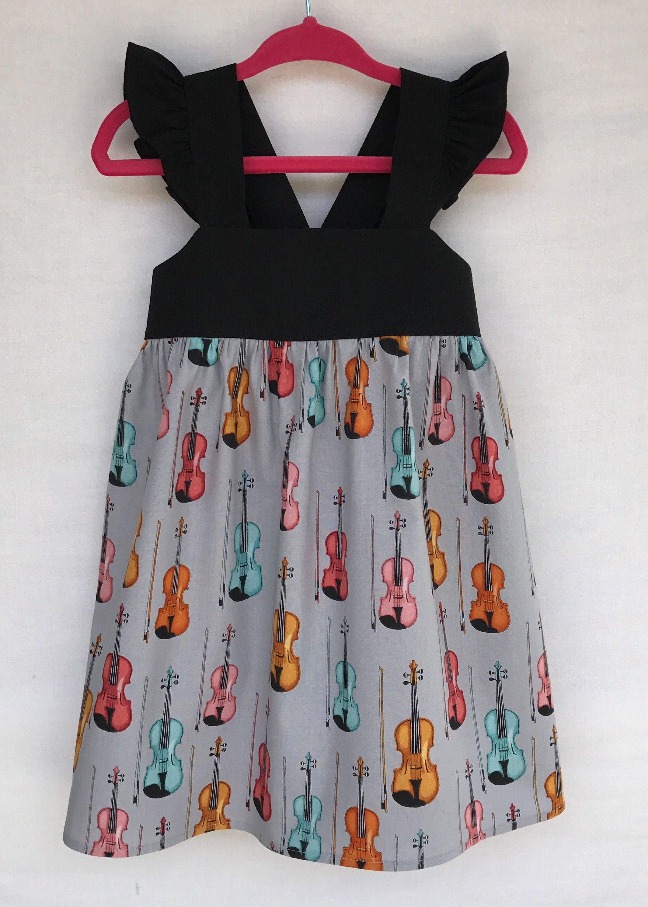 Violin Dress, Violin Recital, Embroider Baby Girls Dress, Little Girls Dress, Flutter Sleeve Dress