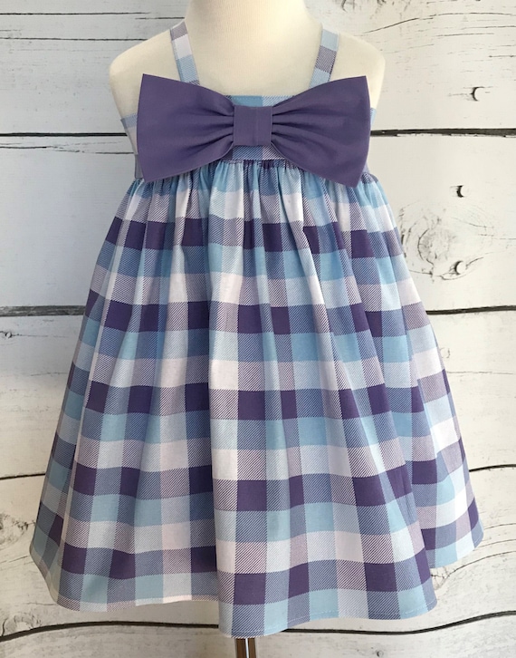 Buffalo Plaid Baby Girls Dress, Purple, Blue & White Buffalo Plaid, Little Girl Dress, Toddler Dress, Party Dress, Big Bow Dress