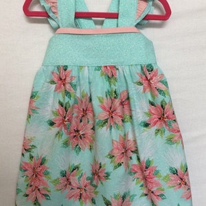 Christmas Baby Dress, Baby Girls Dress, Little Girls Dress, Flutter Sleeve Dress, Aqua Poinsettia Dress, Holiday Dress
