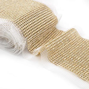 AB Gold Rhinestone Mesh Trim – 24 Rows Real Crystal Banding, 4.5mm Stones, Cuttable DIY Embellishment – Sold by the Yard