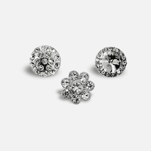 Mini Rhinestone Button Set – 3 Unique Styles – Ideal for DIY Crafts, Fashion Accessories, Bridal Embellishments, Costumes, and Evening Wear