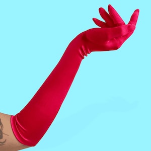 Above the Elbow Satin Gloves - Shiny Medium Length, 18” Long, Stretchy, Elegant Formal Gloves, Wedding, Prom, Cosplay, Costume Accessories