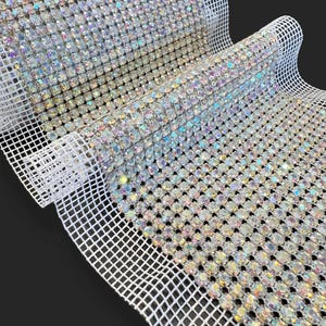AB Silver Rhinestone Mesh Trim – 24 Rows Real Crystal Banding, 4.5mm Stones, Cuttable DIY Embellishment – Sold by the Yard
