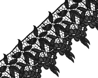 Bordure en dentelle guipure de Venise noire - 6,5 cm de large, motif floral vintage, dentelle à coudre de haute qualité pour la mariée, les costumes, le bricolage et l'artisanat