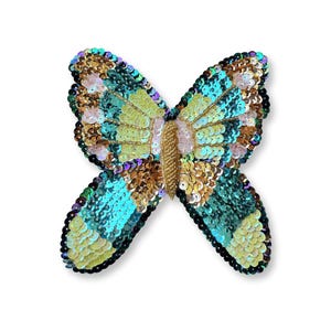 May include: A turquoise, gold, and green sequined butterfly applique. The butterfly has iridescent sequins and a gold thread outline.
