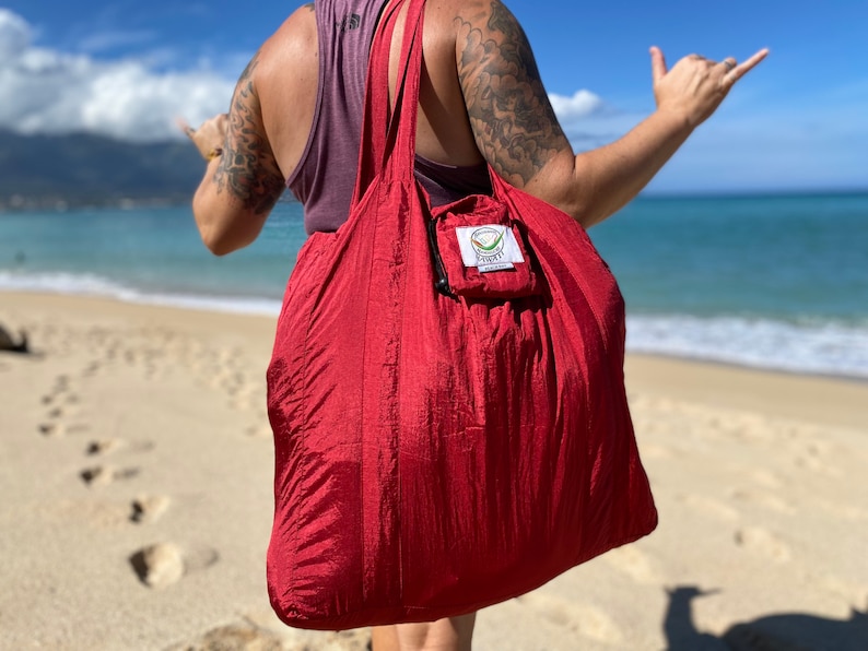 Beach Bag Ultralight, Compact Bag Attached that Doubles as a Pocket XTRA Strong & Breathable Parachute Silk FREE Shipping from Maui Maroon