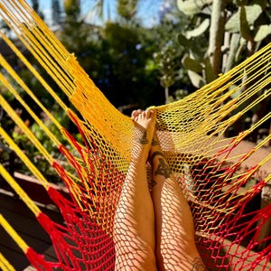May include: A close-up shot of a yellow and red hammock. The hammock is made of woven rope and is suspended outdoors. The image shows a person's legs resting in the hammock, with tattoos visible on the legs. The background is blurred, with greenery and sunlight.