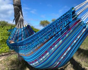 Hammock with Braided Fringe + Inca Patterns • UV & Mildew Resistant For Outdoor Use • Compact + Lightweight FREE Shipping From Maui, Hawaii