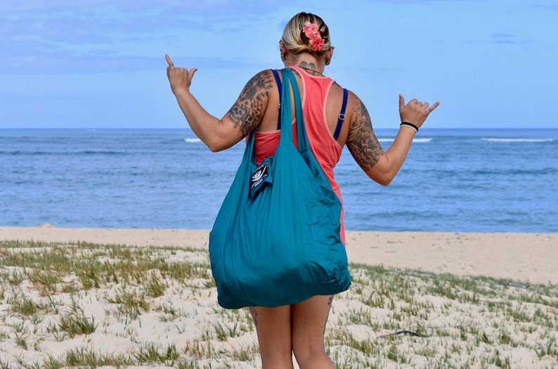 Beach Bag Ultralight, Compact Bag Attached that Doubles as a Pocket XTRA Strong & Breathable Parachute Silk FREE Shipping from Maui Teal