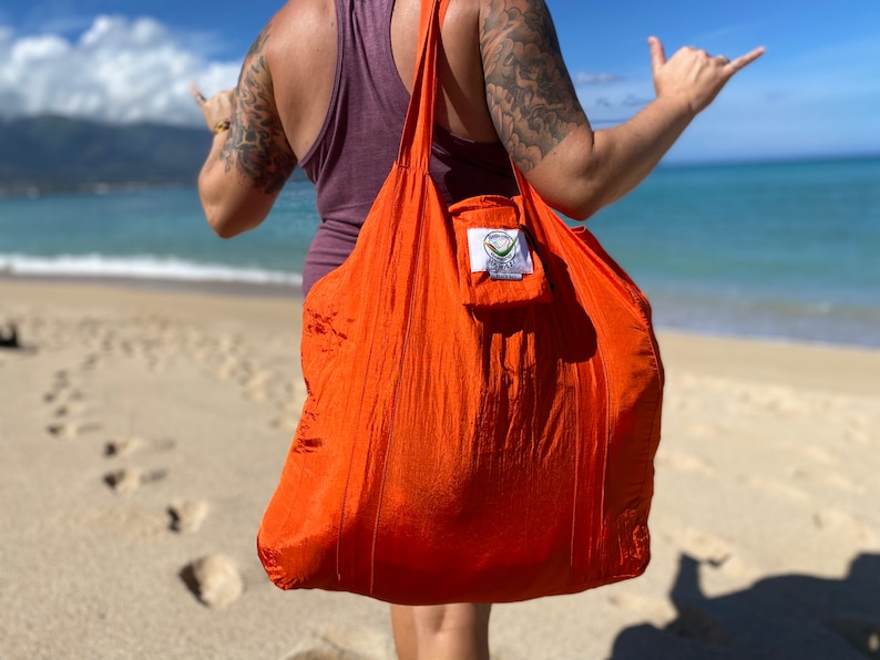 Beach Bag Ultralight, Compact Bag Attached that Doubles as a Pocket XTRA Strong & Breathable Parachute Silk FREE Shipping from Maui Orange