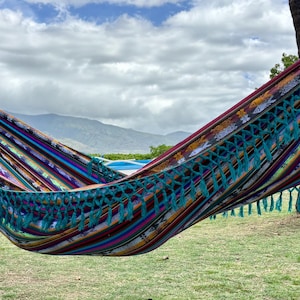 Hammock with Braided Fringe + Inca Patterns • UV & Mildew Resistant For Outdoor Use • Compact + Lightweight FREE Shipping From Maui, Hawaii