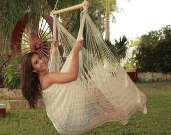 Natural Cotton Chair Hammock • Mayan Woven Cotton Sitting Hammock  • Traditional Yucatan Chair • Fair Trade + FREE Shipping from Maui HI