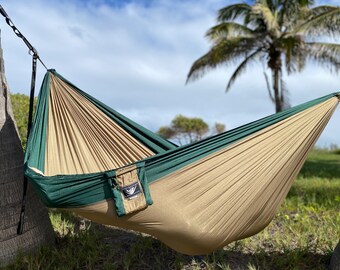 Hammock • Portable, Compact, Bag Attached • Breathable Parachute Silk w/ Anodized 24kN Climbing Carabiners • FREE Shipping from Lahaina Maui