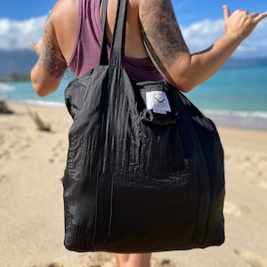 Beach Bag Ultralight, Compact Bag Attached that Doubles as a Pocket XTRA Strong & Breathable Parachute Silk FREE Shipping from Maui Black